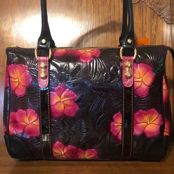 NWT-Marino Orlandi-Embossed Leather Satchel-Black-Tropical 🌺 Flowers-Italian 🇮🇹 - Picture 2 of 16